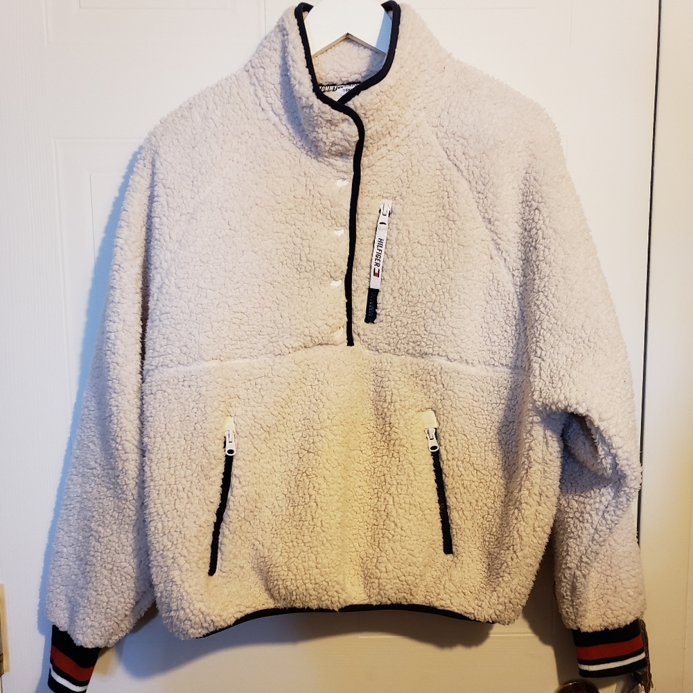 Tommy Hilfiger Sport Sherpa Sweater High Neck Buttons Zipper Pockets Woman Large